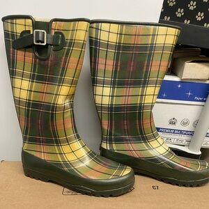 Sperry Waterproof Lined Plaid Green, Yellow & Pink Rubber Calf-High Rain Boots